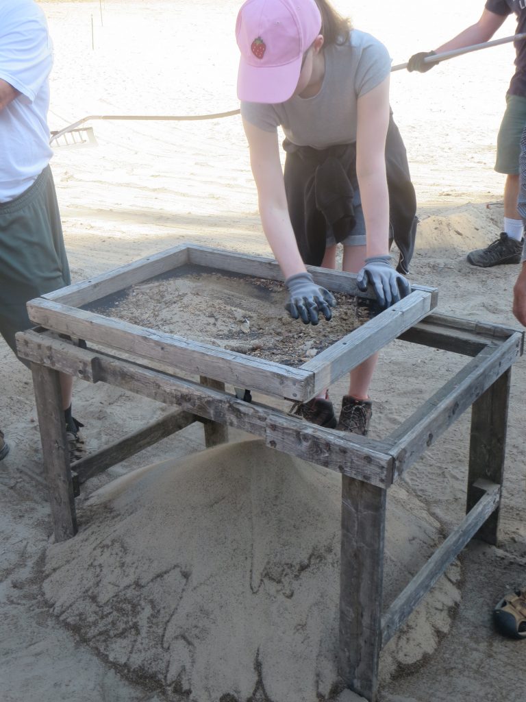 Volunteers using a specialized sand sifter to separate solid larger debris from fine sand.